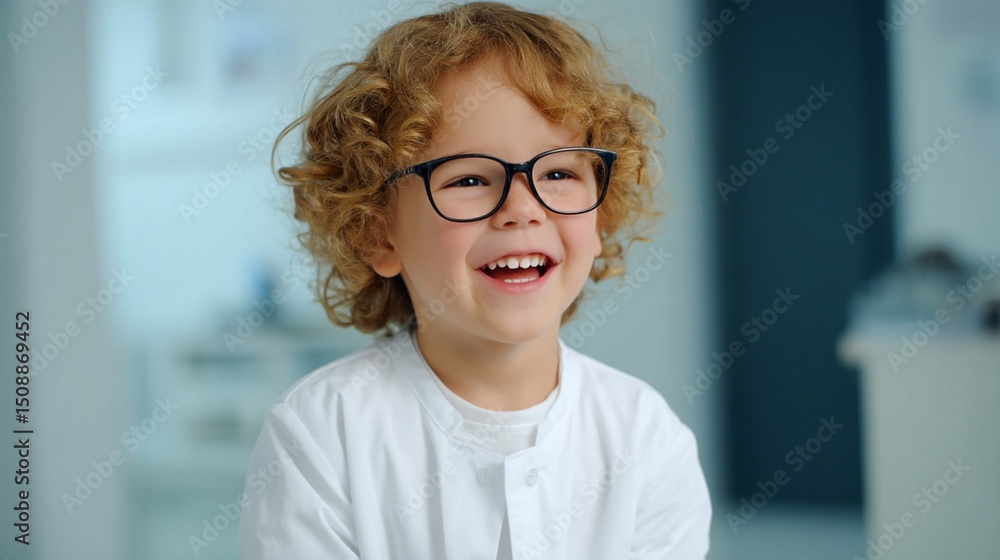 Fototapeta premium Young boy with curly hair and glasses enjoys joyful moments of laughter in a cozy indoor setting, brightening the atmosphere around him