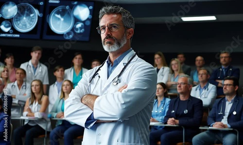 Doctor presents complex case study during medical conference in auditorium