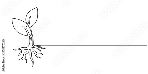 continuous line drawing representing a growing plant with leaves, Young Plant Growing. Continuous line drawing sprout with leaves isolated on white background. Poster with seedling.