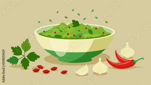A bowl filled with chopped parsley garlic and red pepper flakes ready to be mixed with olive oil for a classic chimichurri sauce.. Vector illustration