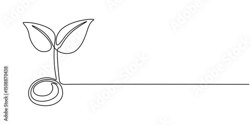 continuous line drawing representing a growing plant with leaves, Young Plant Growing. Continuous line drawing sprout with leaves isolated on white background. Poster with seedling.