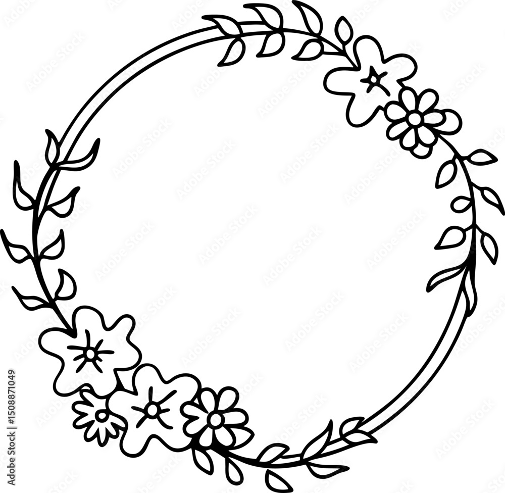 Obraz premium Floral circular frame with blooming flowers and leafy branches hand drawn botanical border illustration