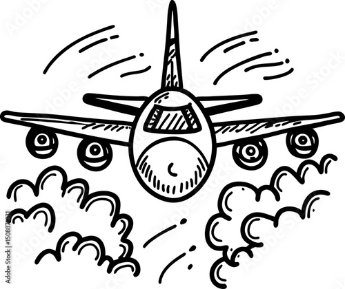 commercial airplane flying through clouds, black and white hand drawn illustration, aviation travel concept