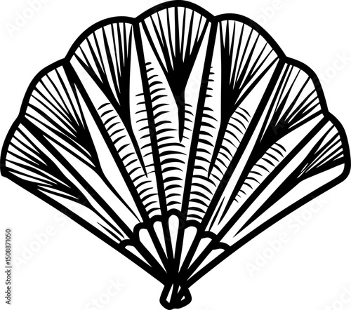 hand drawn japanese folding fan illustration with bold black lines and elegant ornamental details