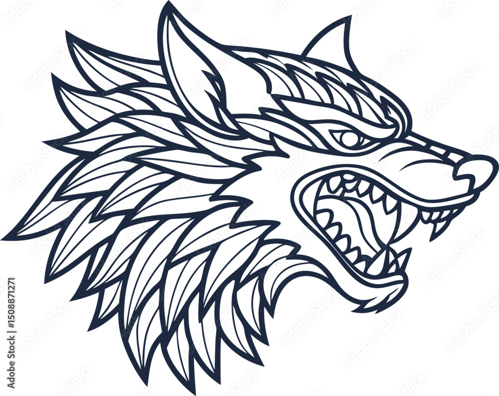 Fierce wolf head illustration in black outline aggressive animal mascot with sharp teeth, tribal for tattoo or logo design Fierce wolf head illustration in black outline aggressive animal mascot with sharp teeth, tribal for tattoo or logo design