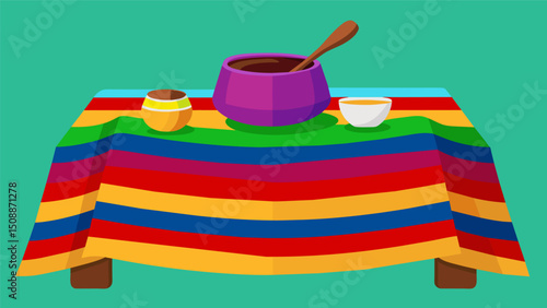 A brightly colored se used as a tablecloth during communal meals is displayed alongside a molinillo a wooden stirring tool used for frothing hot chocolate in Latin American homes.. Vector illustration