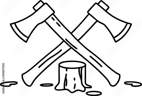 Crossed axes and tree stump outline lumberjack logo concept, forestry tools, wood chopping, timber industry symbol