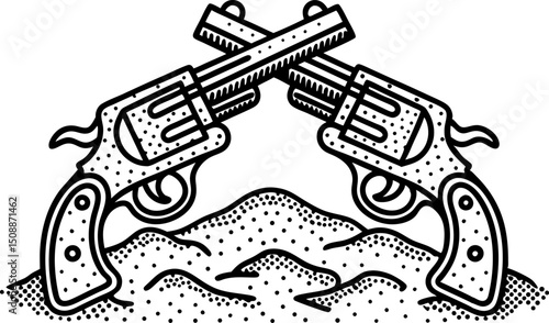 Crossed vintage revolvers above sandy ground western duel, retro pistols, cowboy shootout symbol, classic firearm illustration