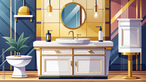showcasing an elegant and modern bathroom vanity in a sleek white and gold color scheme featuring a ceramic sink a premium faucet a soap dispenser and