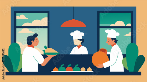 A kitchen window allows diners to peer into the open concept kitchen mesmerized by the skilled chefs meticulously crafting each taco with precision and care.. Vector illustration