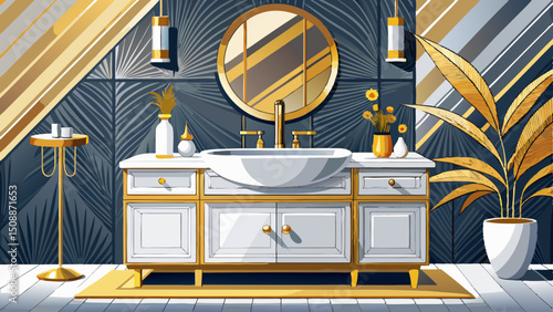 showcasing an elegant and modern bathroom vanity in a sleek white and gold color scheme featuring a ceramic sink a premium faucet a soap dispenser and