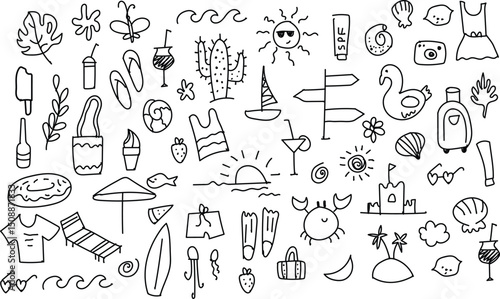 Summer doodle vector icon set including beach elements, hand drawn icons, tropical travel items, vacation illustration, line art style, ice cream, sun, cocktail, crab, swimsuit, shell, and umbrella.