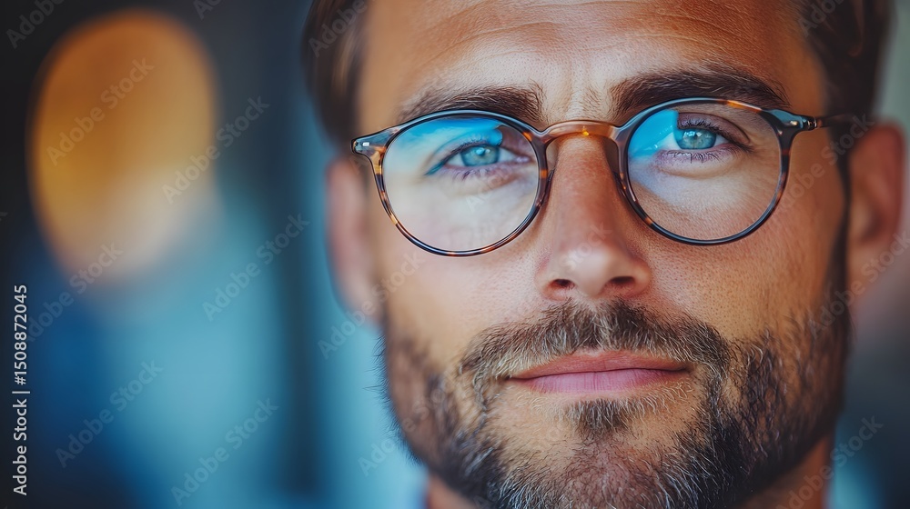 Close-up Portrait of Thoughtful Man with Glasses and Blue Eyes Close-up Portrait of Thoughtful Man with Glasses and Blue Eyes