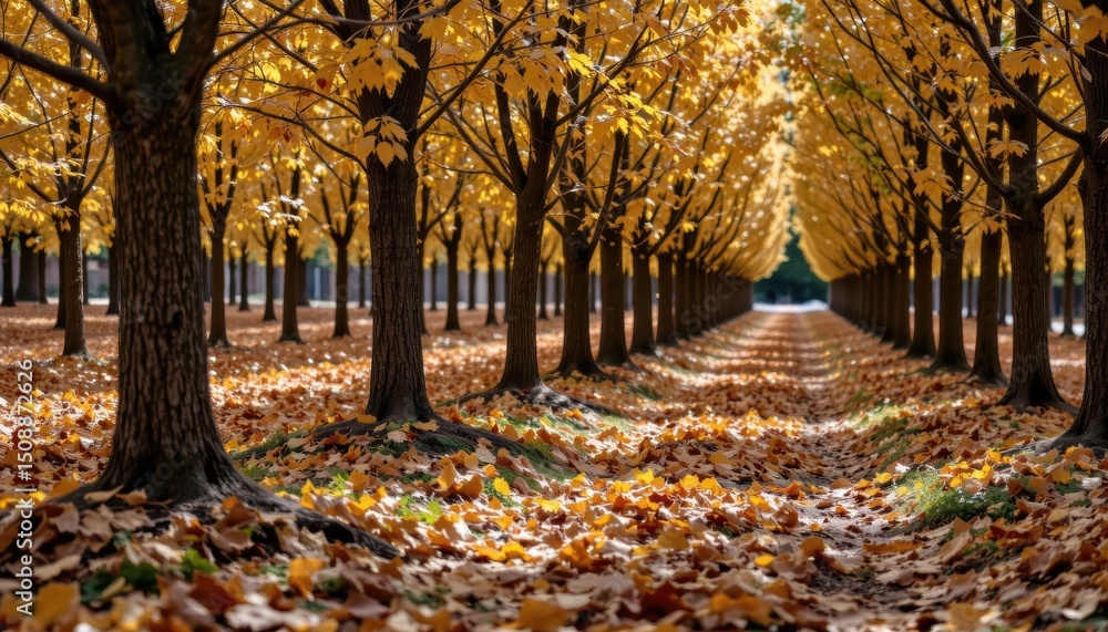 Naklejka premium Lush Golden Autumn Trees Lining a Serene Path Covered with Fallen Leaves in a Forest