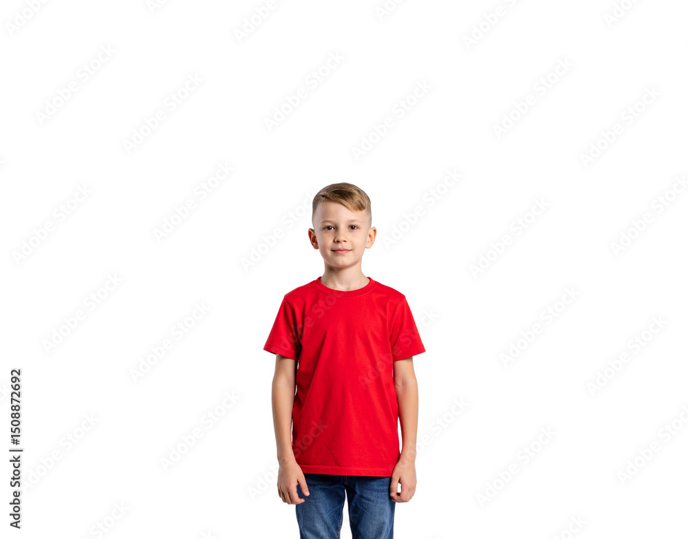 Fototapeta premium Smiling boy with blonde hair wearing a bright red tshirt and blue jeans