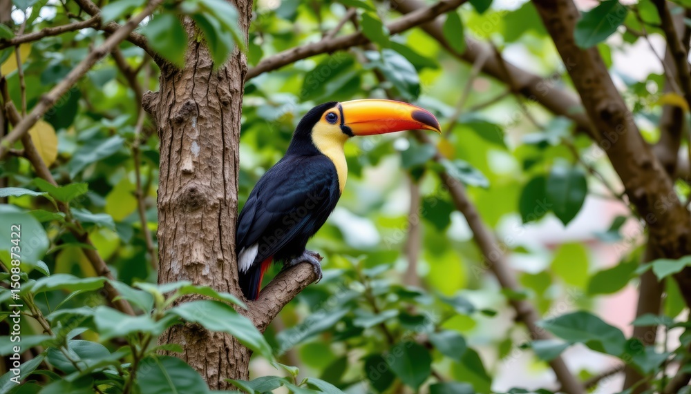 Fototapeta premium Colorful Toucan Perched on a Tree Branch Surrounded by Lush Green Foliage in a Tropical Rainforest