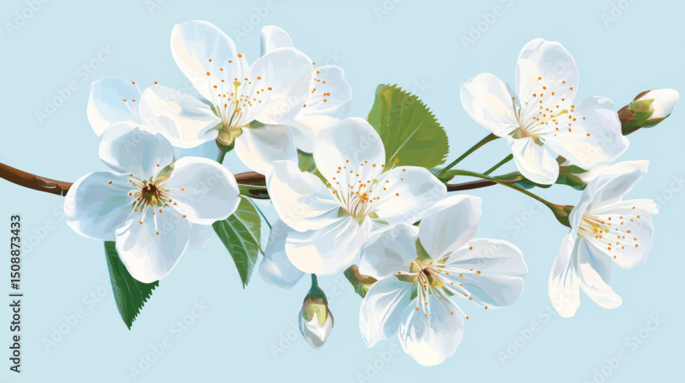 Obraz premium Soft Blue Cherry Blossom Vector Background with White Petals and Botanical Details for Elegant Use