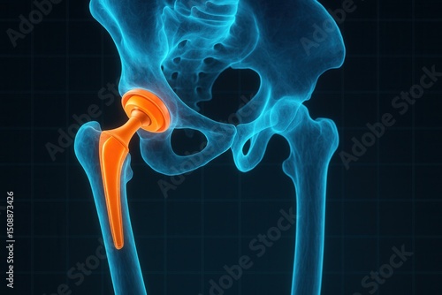 Artificial hip joint replacing damaged bone in x-ray view