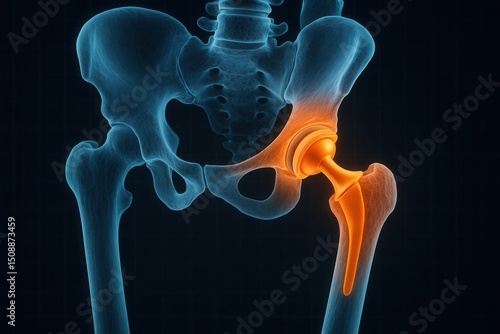 Hip replacement surgery showing femur and artificial joint highlighted