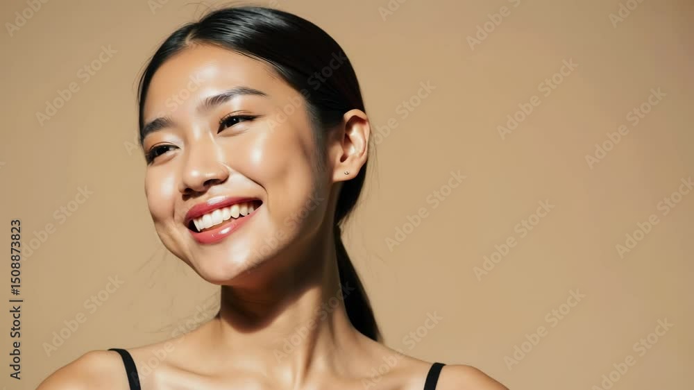 smiling young woman in black top gazing to the left with radiant skin under natural light against plain beige background, concept of skincare, wellness, cosmetics smiling young woman in black top gazing to the left with radiant skin under natural light against plain beige background, concept of skincare, wellness, cosmetics