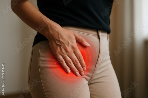 Woman suffering from pelvic pain touching her lower abdomen