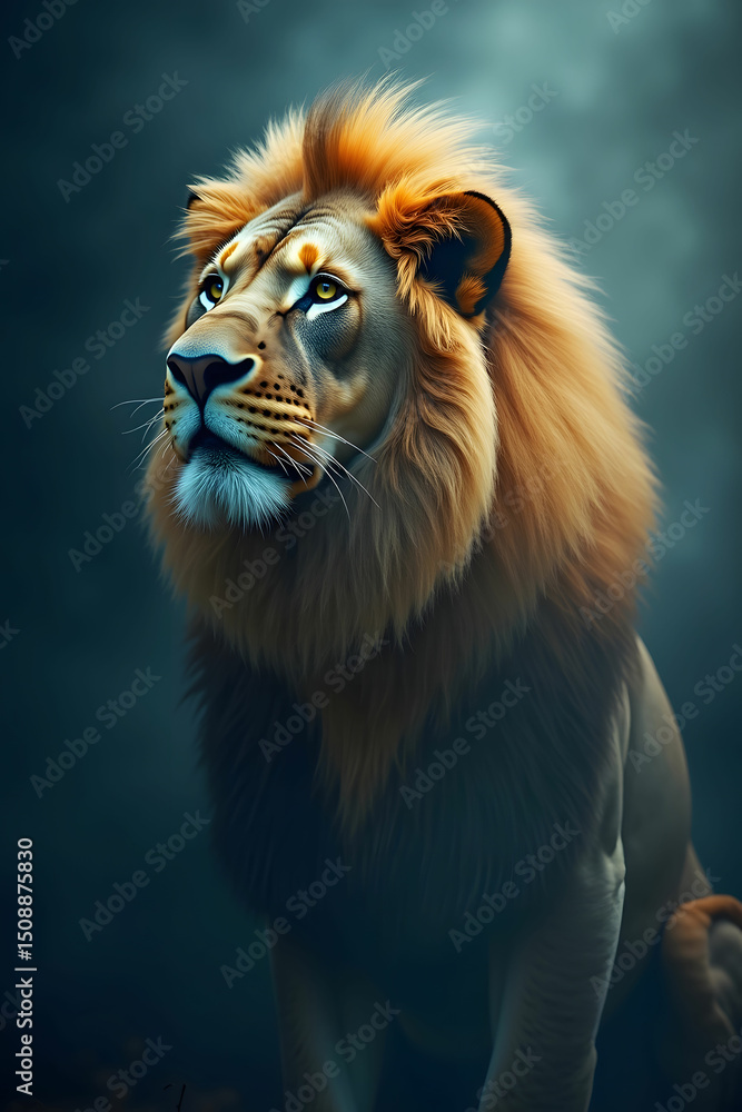 Naklejka premium A majestic lion is depicted in a mystical atmosphere, exuding spirituality, surrounded by a subtle, ethereal glow, with its regal mane a vibrant, golden hue, Gradient blue background.