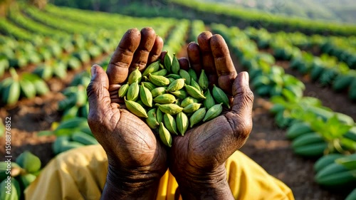 Farmer holding fresh harvested green cardamom pods in cultivated spice field with lush rows of plants