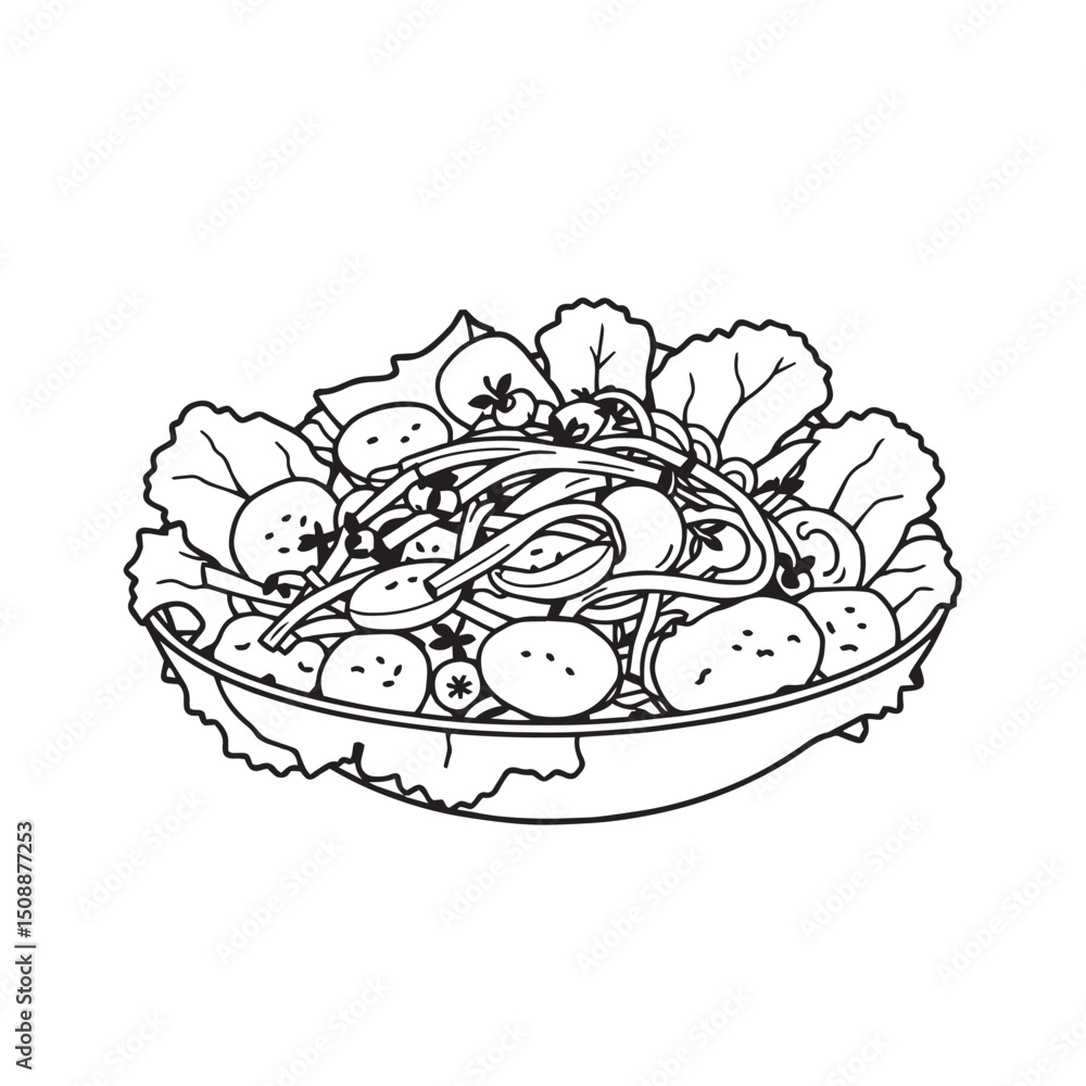 Continuous line salad in a bowl vector illustration with doodle drawing style food. Continuous line salad in a bowl vector illustration with doodle drawing style food.
