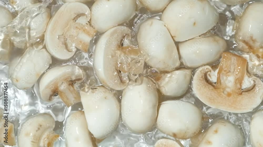 Group of Button White Mushrooms in a Water Splash Slow Motion. Group of Button White Mushrooms in a Water Splash Slow Motion.