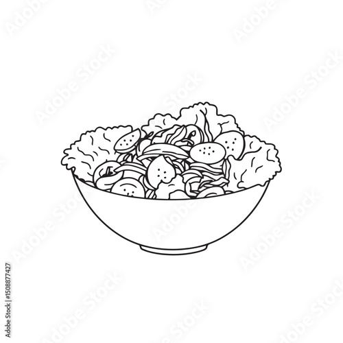 Continuous line salad in a bowl vector illustration with doodle drawing style food.