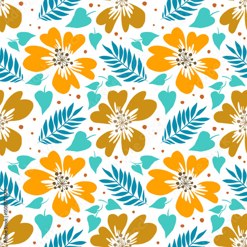 Wallpaper Mural Cute and fresh repeat pattern with flowers and leaves on a white background. Hand-drawn style. Torontodigital.ca
