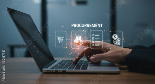 E-procurement: Man using laptop to navigate the digital procurement process for efficient supply chain management.