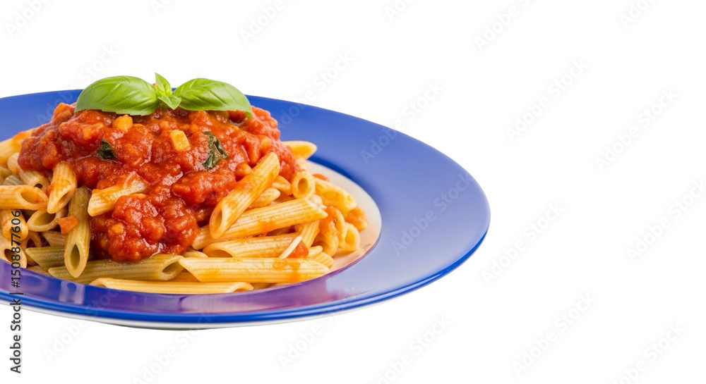 Fototapeta premium Pasta Penne Sits on Plate with Tomato Sauce and Basil Leaves on Transparent Background