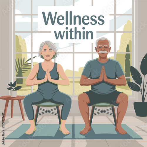 Chair yoga poses for elderly wellness ai generated vector illustration