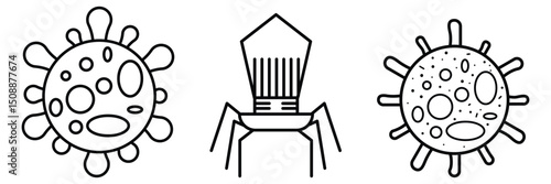Virus cell microorganism and bacteriophage outline icons vector illustration for microbiology infection science research health safety awareness medical education.