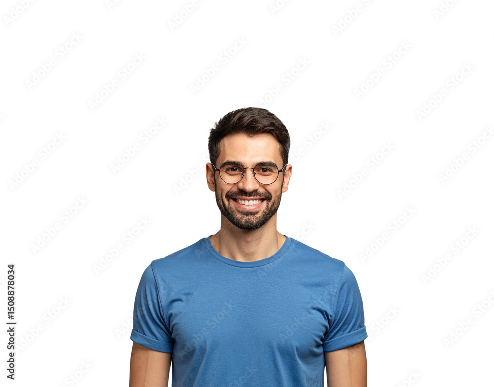 Smiling man with beard and round glasses wearing a blue tshirt Smiling man with beard and round glasses wearing a blue tshirt