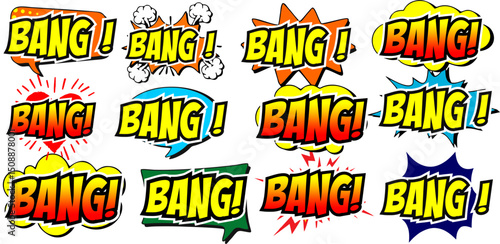 Cartoon comic sign burst clouds. Speech bubble, Bang sign expression and pop art text frames. Comics mem expressions speech, superhero book Bang label. Isolated vector symbols set