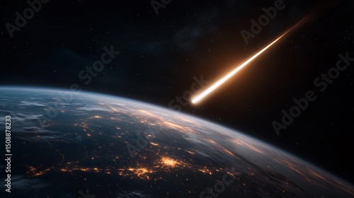Bright meteor entering Earth's atmosphere with glowing city lights below.