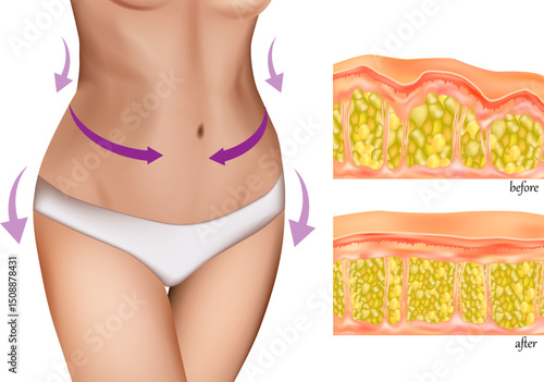 Medical illustration showing a woman's slim waist with directional arrows indicating body contouring, alongside a cross-sectional comparison of fat tissue before and after a slimming procedure. The im