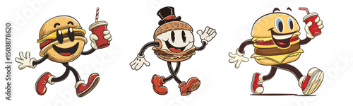 vintage retro style burger cartoon mascot character with expressive faces and gestures