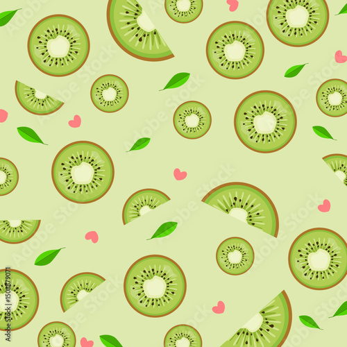 77.	Kiwi seamless pattern with leaves and heart decoration. Fruit illustration. Cute healthy food for wallpaper, paper wrapping, kid decoration and fashion fabric