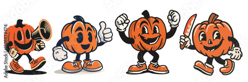 vintage retro style halloween pumpkin cartoon mascot character with expressive faces and gestures