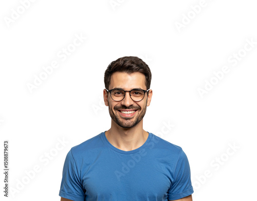 Wallpaper Mural Smiling man with dark hair and beard wearing round glasses and blue shirt (1) Torontodigital.ca