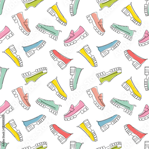  Pattern of colored modern design women's shoes. Vector sketch. Hand drawing for printing on fabric,