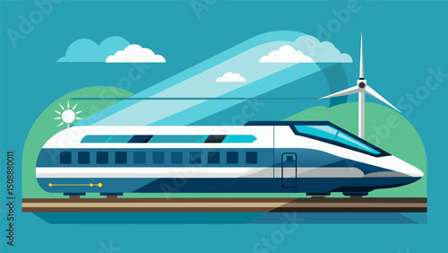 A highspeed train whizzes by propelled by renewable energy sources and offering a smooth comfortable ride for passengers.. Vector illustration