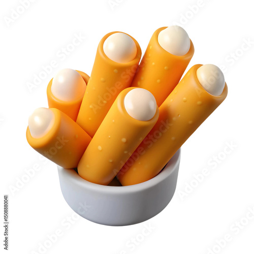 3D Delicious Crunchy Mozzarella Cheese Sticks with Melting Center – Tasty Fried Snack Food Isolated on Black Background.Tasty Fast Food Icon for Menu Design, Kids Graphics, and Food Branding  PNG