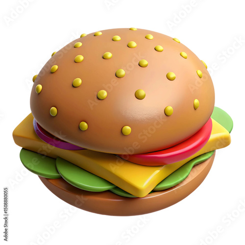 3D Cartoon Cheeseburger Icon with Lettuce, Tomato and Cheese – Fun Colorful Hamburger Graphic for Food Apps, Menus, and Design Projects PNG