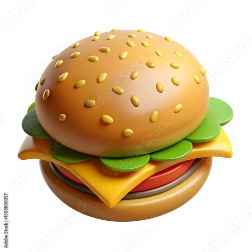 3D Cartoon Cheeseburger Icon with Lettuce, Tomato and Cheese – Fun Colorful Hamburger Graphic for Food Apps, Menus, and Design Projects PNG