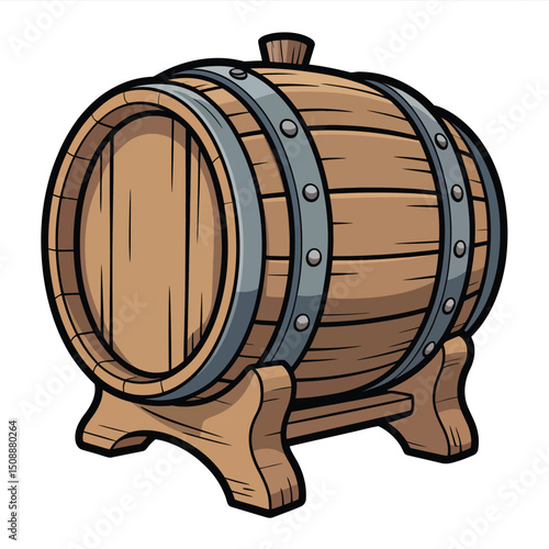 Wooden Wine Barrel on Stand Cartoon Illustration