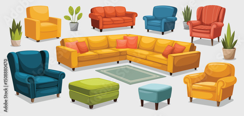 Colorful Modern Living Room Furniture Set with Armchairs and Sofa